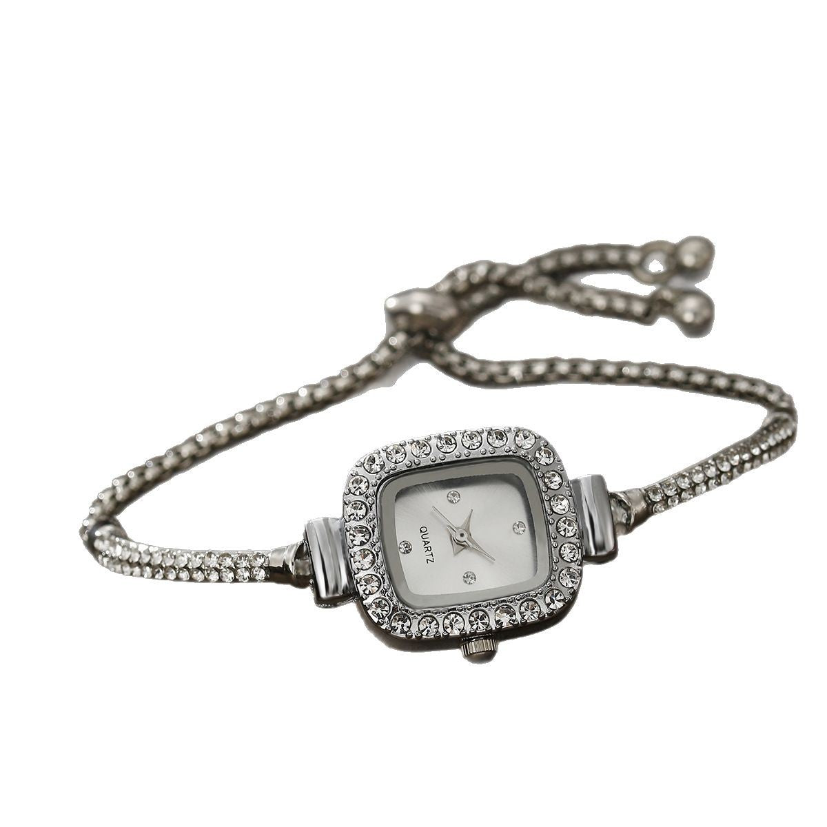 Decorative Alloy All-match Square Rhinestone-encrusted Chain Women's Quartz Bracelet Watch Small Beads Jewelry Suit