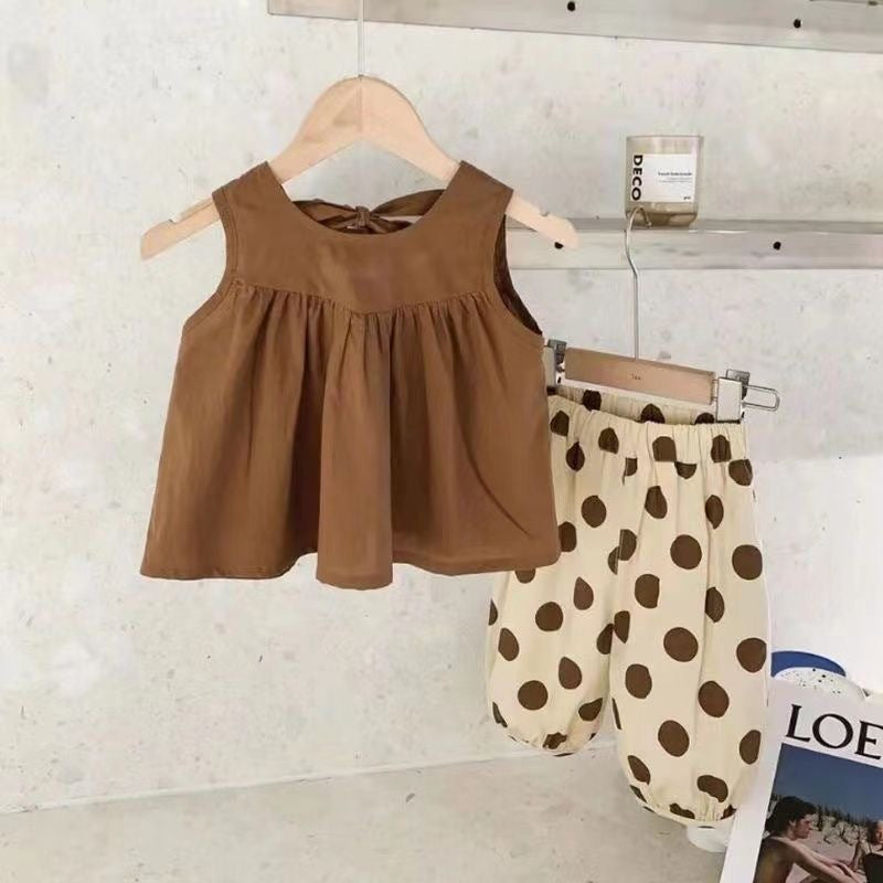 Girls' Fashionable Vest Polka Dot Bloomers Sleeveless Suit