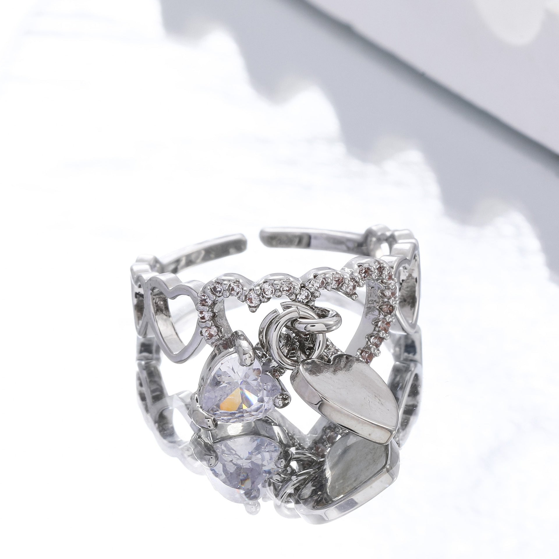 Women’s Open Heart Diamond Ring – White Plated Copper Jewelry