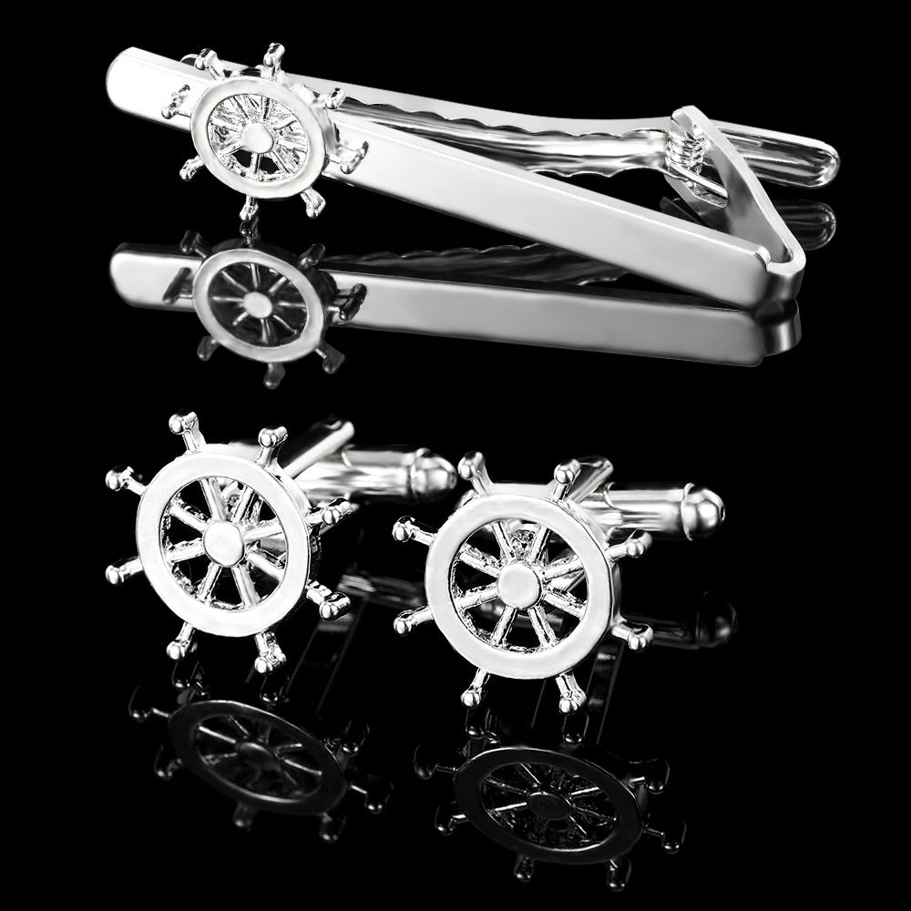 Men's Rudder Cufflinks and Tie Clip Set