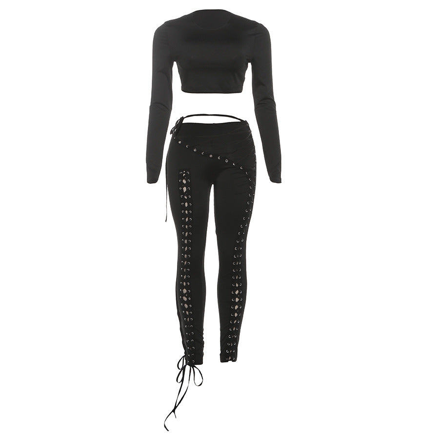 Women's Long-sleeved Top Sexy Cutout Lace-up Tight Trousers Two-piece Set