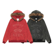 Unisex Hooded Fur Collar Loose Fit Cotton Sweater Casual