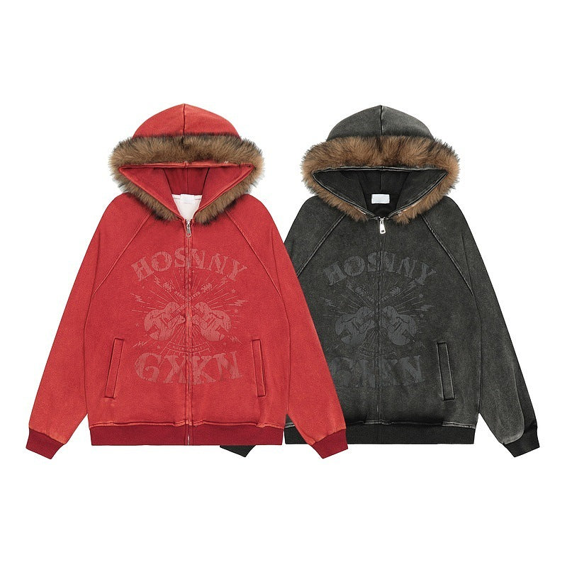 Unisex Hooded Fur Collar Loose Fit Cotton Sweater Casual