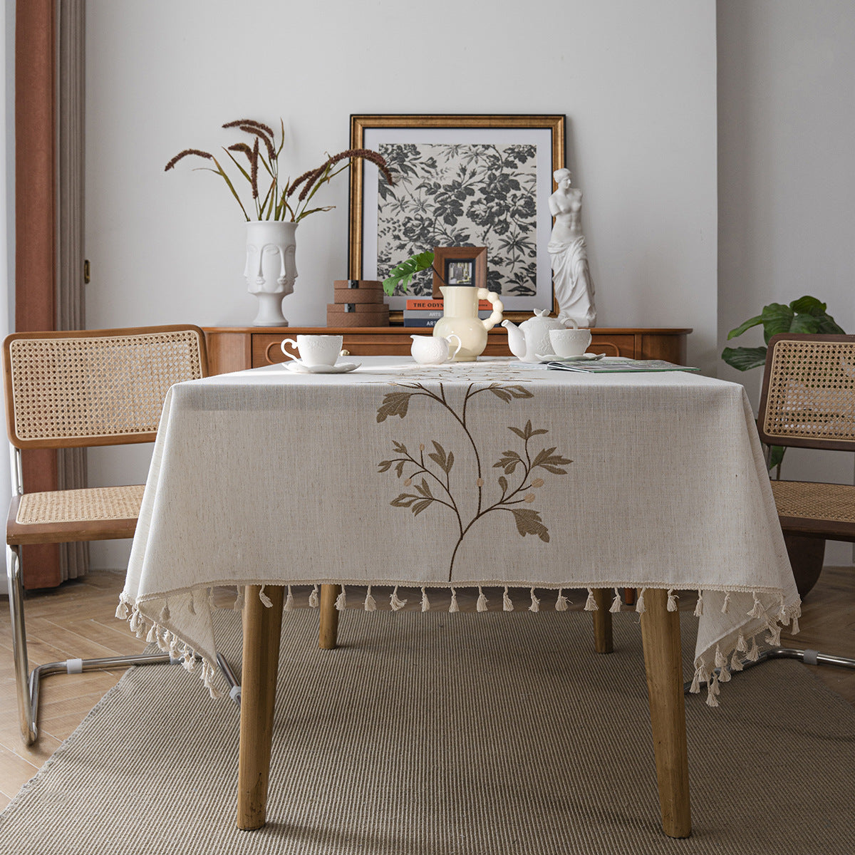 Flower Embroidered Tablecloth Knitted Fabric Rectangular
