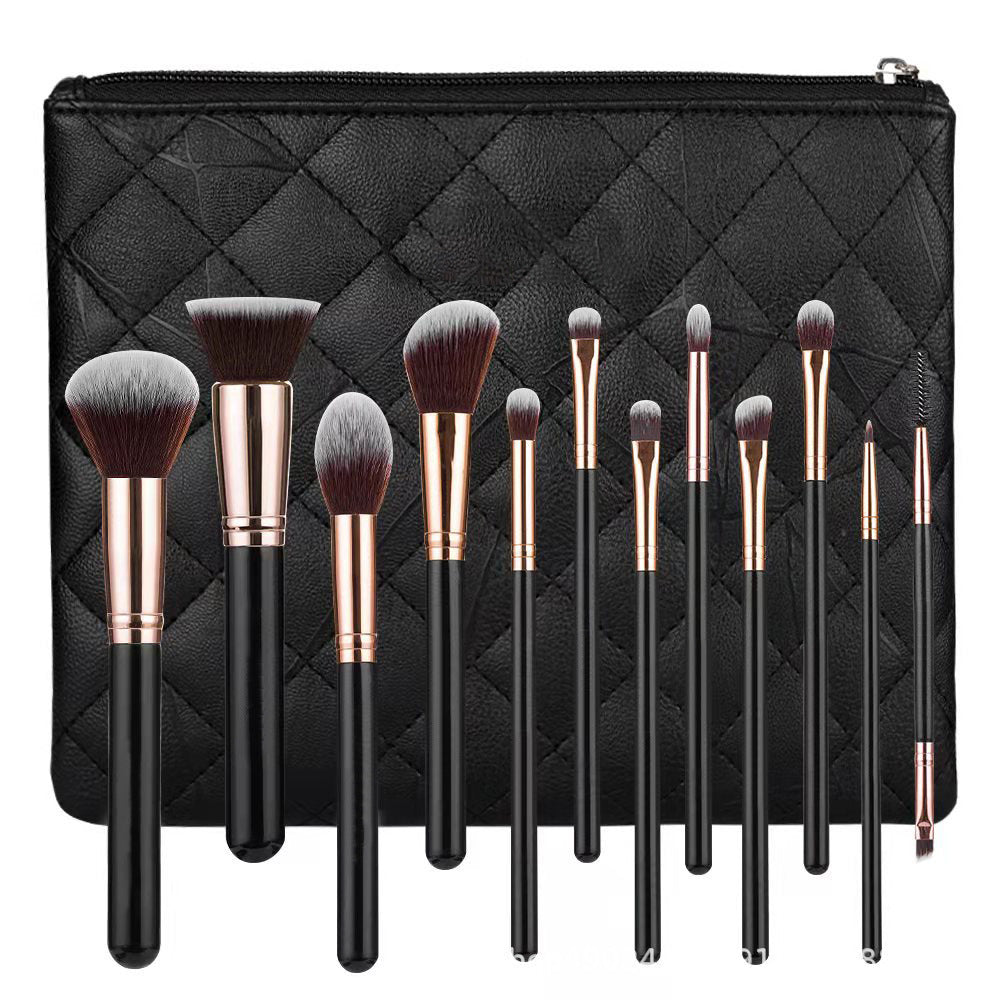 12-Piece Makeup Brush Set – Nylon Synthetic Fiber Brushes with Long Plastic Handles, Includes Storage Bag
