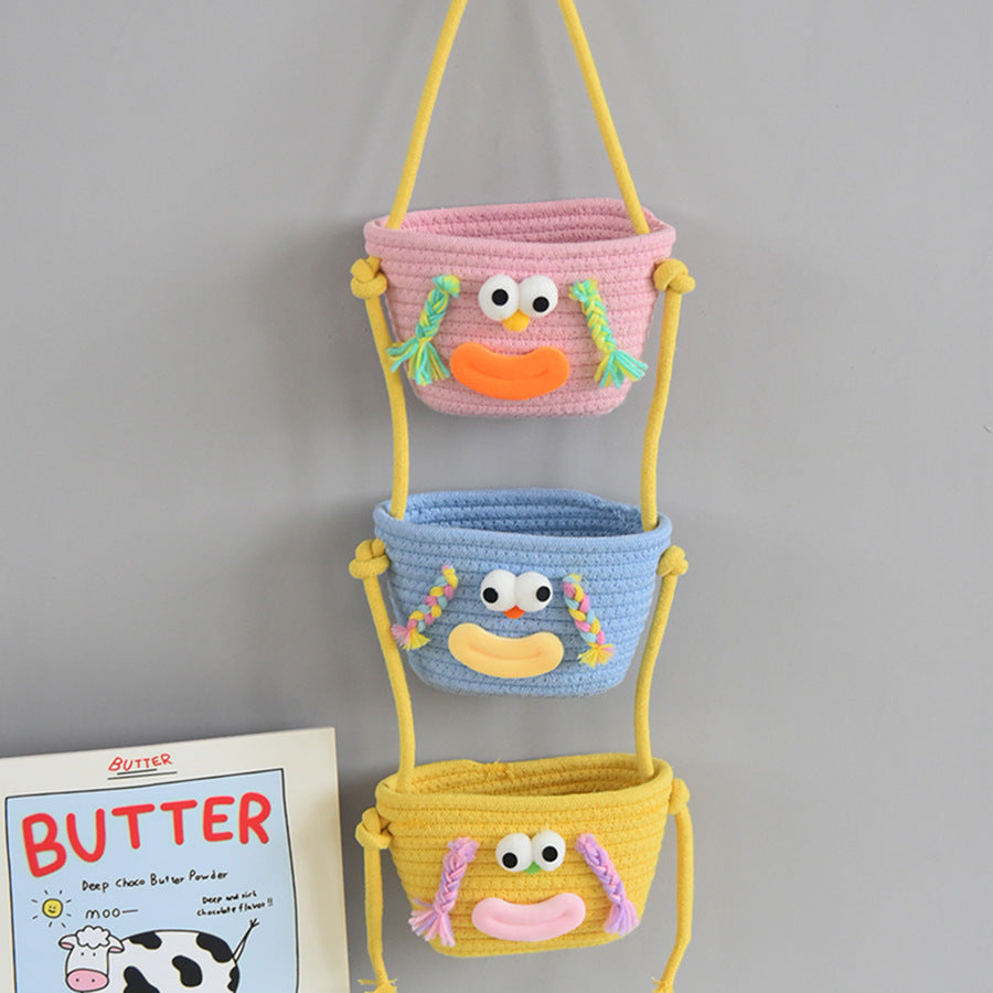 3-Layer Hanging Woven Storage Basket – Cute Cartoon Design