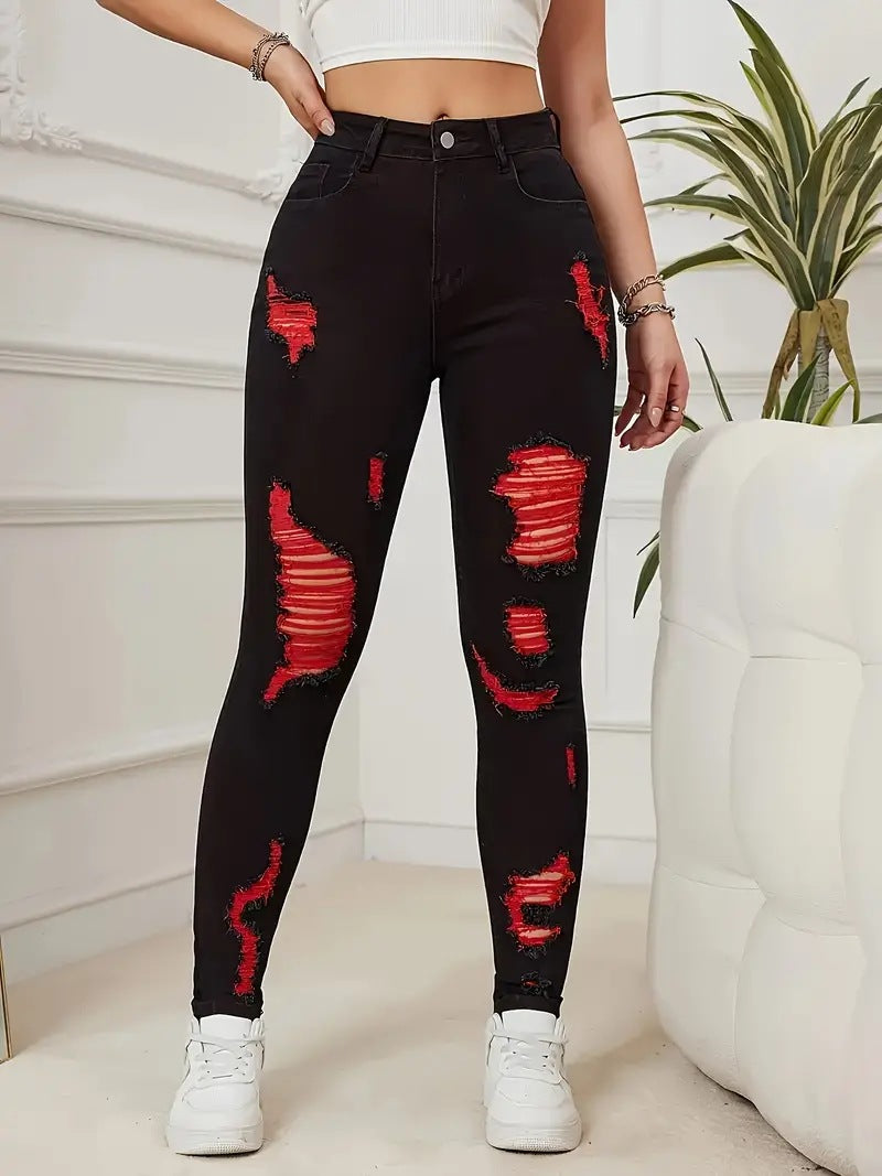 High Waist Contrast Color Skinny Jeans – Women’s Streetwear Denim Pencil Pants