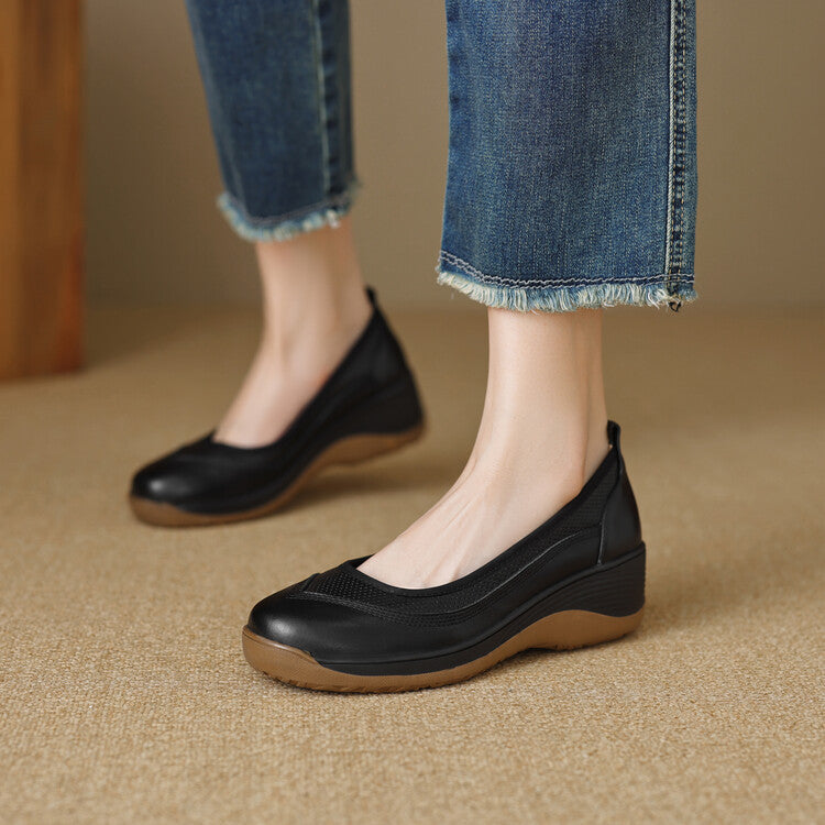 High Heel Leather Shoes Thick Bottom Lazy Platform Round Head Slip-on Pumps