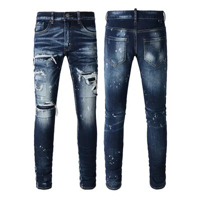 Men’s Ripped Print Jeans – High Street Distressed Denim Pants