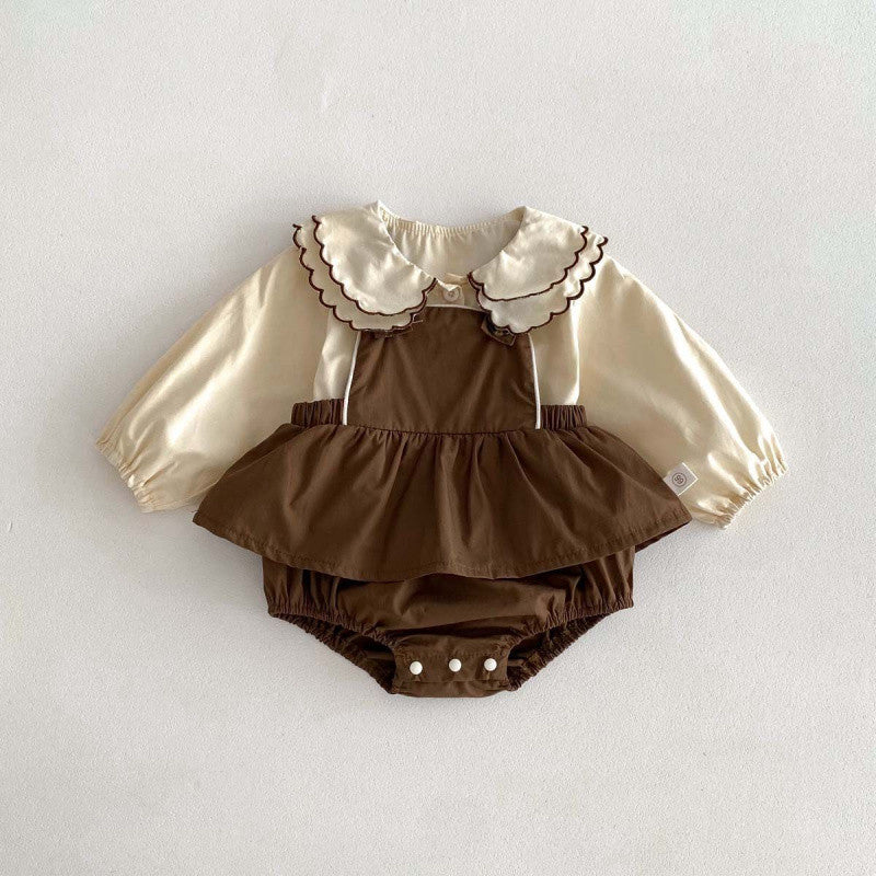 Girls' Long-sleeved Suspender Romper Doll Collar Shirt Jumpsuit Suit