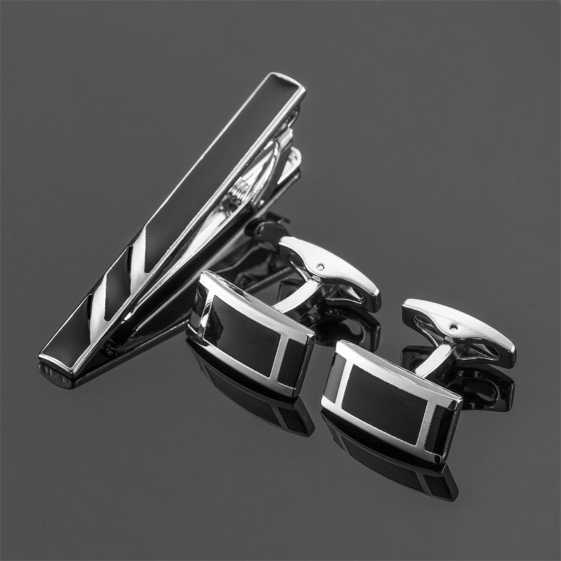 Black Enamel Silver Diagonal Stripes Tie Clip and Cufflink Set