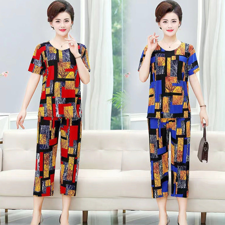 New Plus Size Loose Elastic Short Sleeve Two-piece Suit Middle-aged And Elderly Casual Homewear