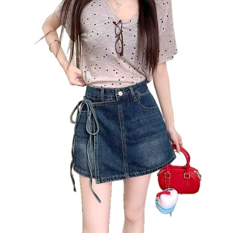 Fake Two-Piece Denim Shorts – Summer A-Line High Waist Irregular Style