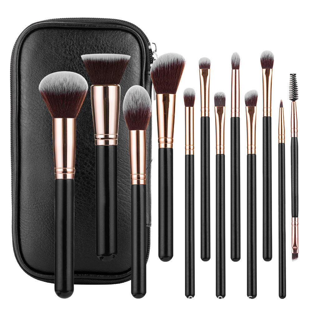 12-Piece Makeup Brush Set – Nylon Synthetic Fiber Brushes with Long Plastic Handles, Includes Storage Bag
