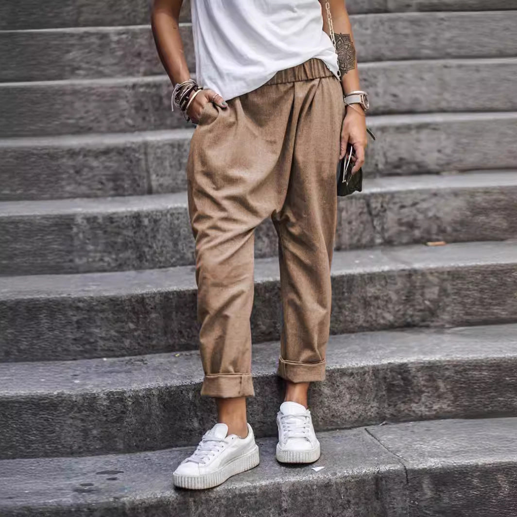 Women’s Casual Harem Pants with Pockets – Elastic High Waist Fashion Streetwear Trousers