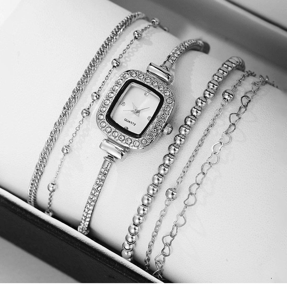 Decorative Alloy All-match Square Rhinestone-encrusted Chain Women's Quartz Bracelet Watch Small Beads Jewelry Suit