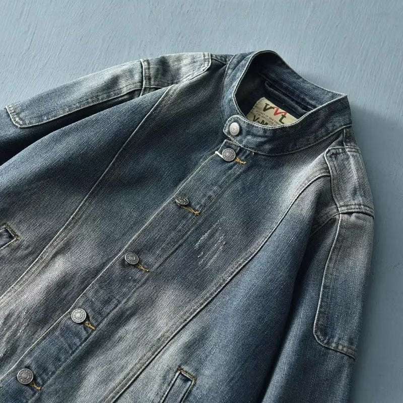 Men’s Retro Cowboy Stitching Jacket – Stand Collar Overall-Inspired Coat