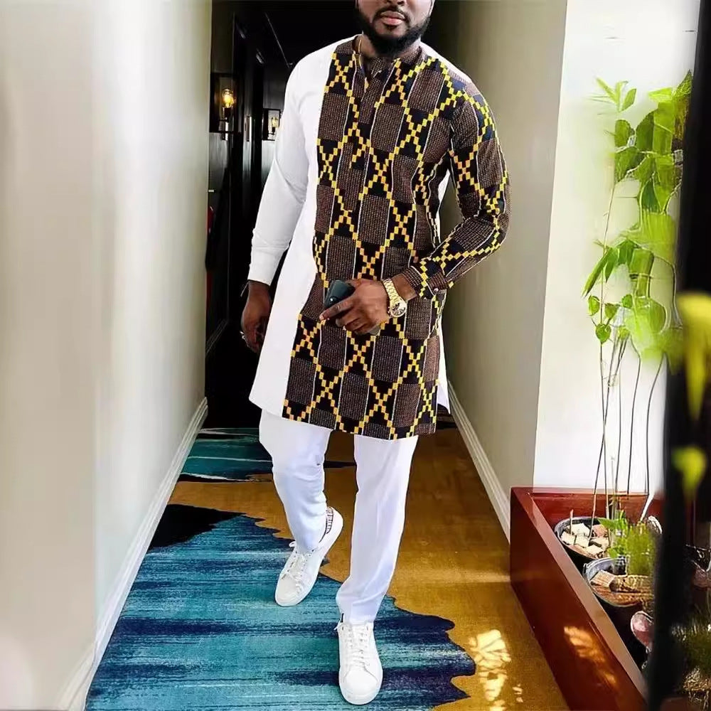 Men's Printed Long-sleeved Top Trousers African Suit