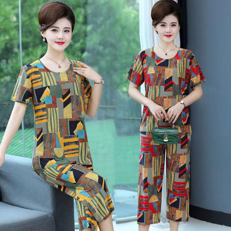 New Plus Size Loose Elastic Short Sleeve Two-piece Suit Middle-aged And Elderly Casual Homewear