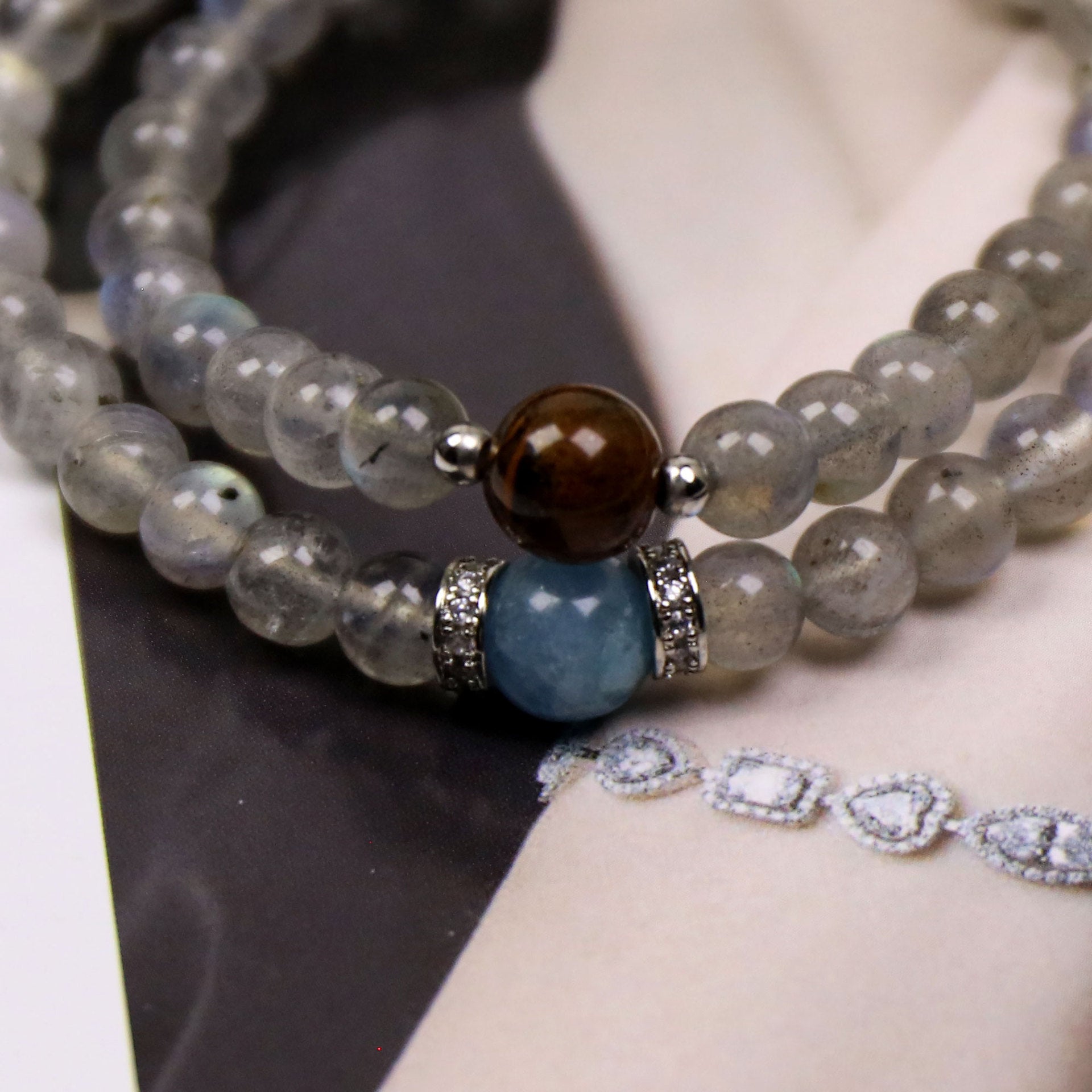 Women's Double Layer Gemstone Bracelet – Moonstone, Tiger Eye & Aquamarine