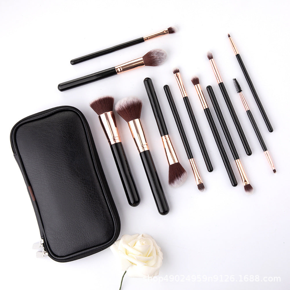 12-Piece Makeup Brush Set – Nylon Synthetic Fiber Brushes with Long Plastic Handles, Includes Storage Bag