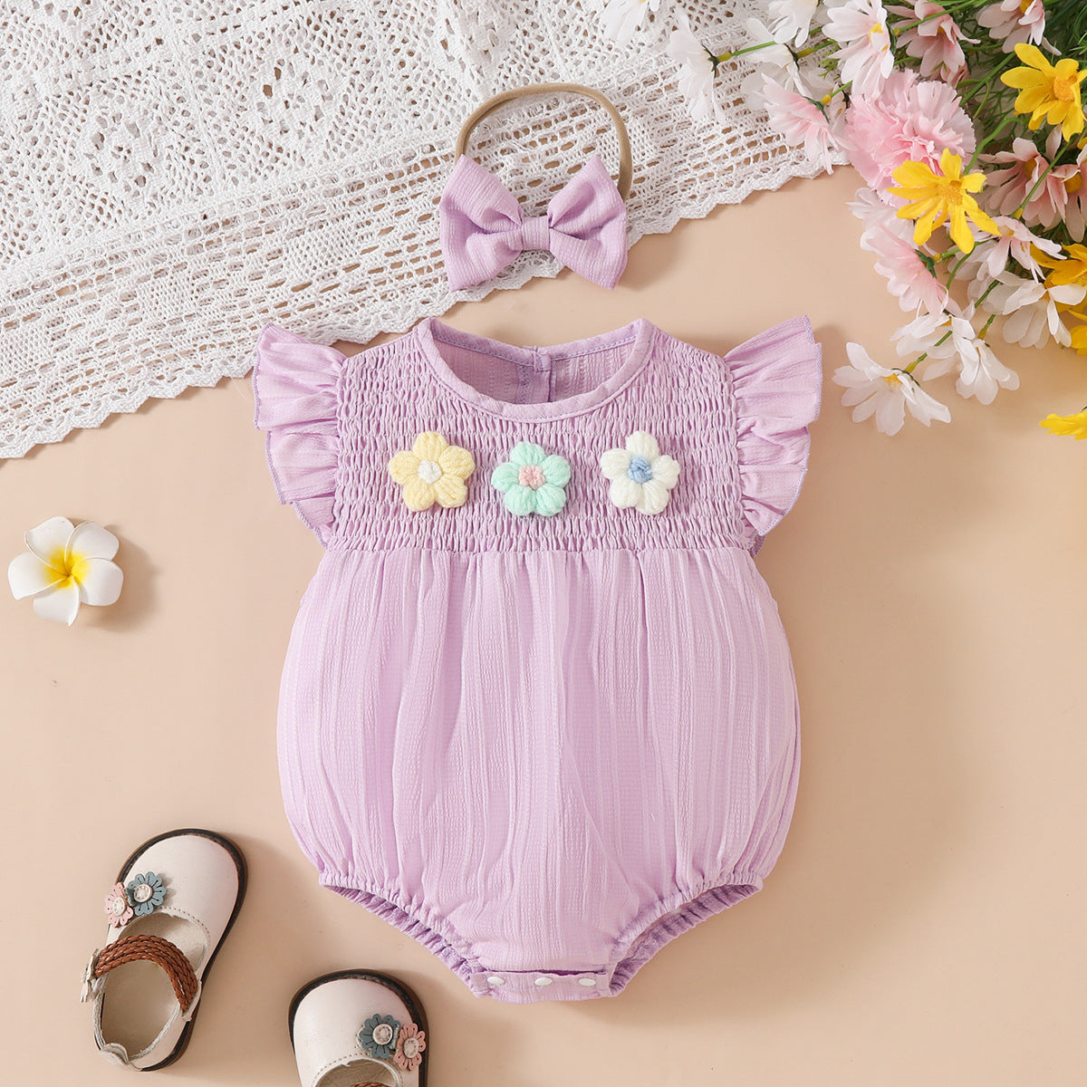 Western Style Thin Baby Girl Baby Bodysuit Small Flower Triangle Jumpsuit