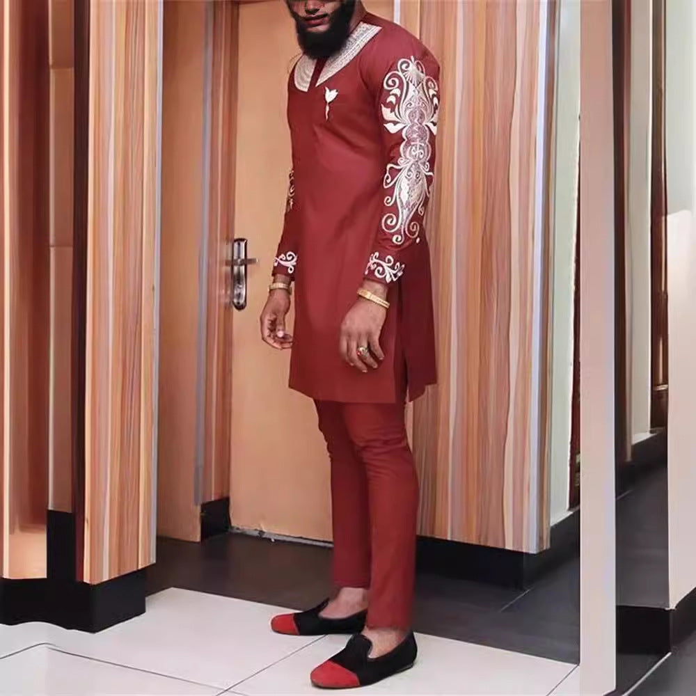 Men's Printed Long-sleeved Top Trousers African Suit