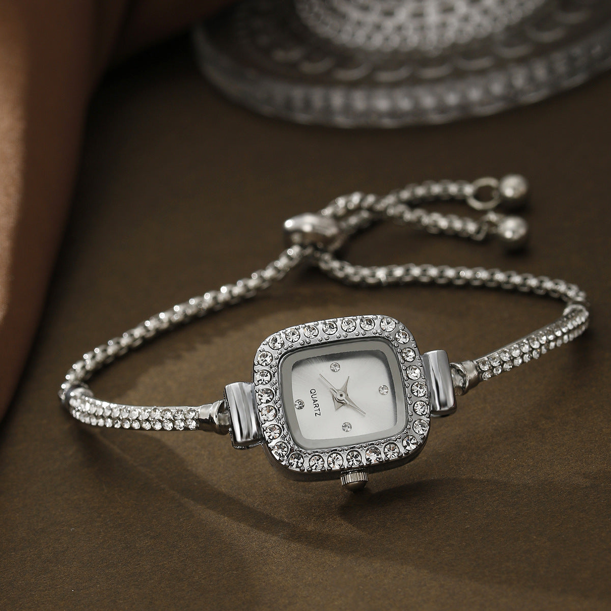 Decorative Alloy All-match Square Rhinestone-encrusted Chain Women's Quartz Bracelet Watch Small Beads Jewelry Suit