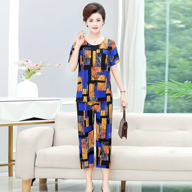 New Plus Size Loose Elastic Short Sleeve Two-piece Suit Middle-aged And Elderly Casual Homewear