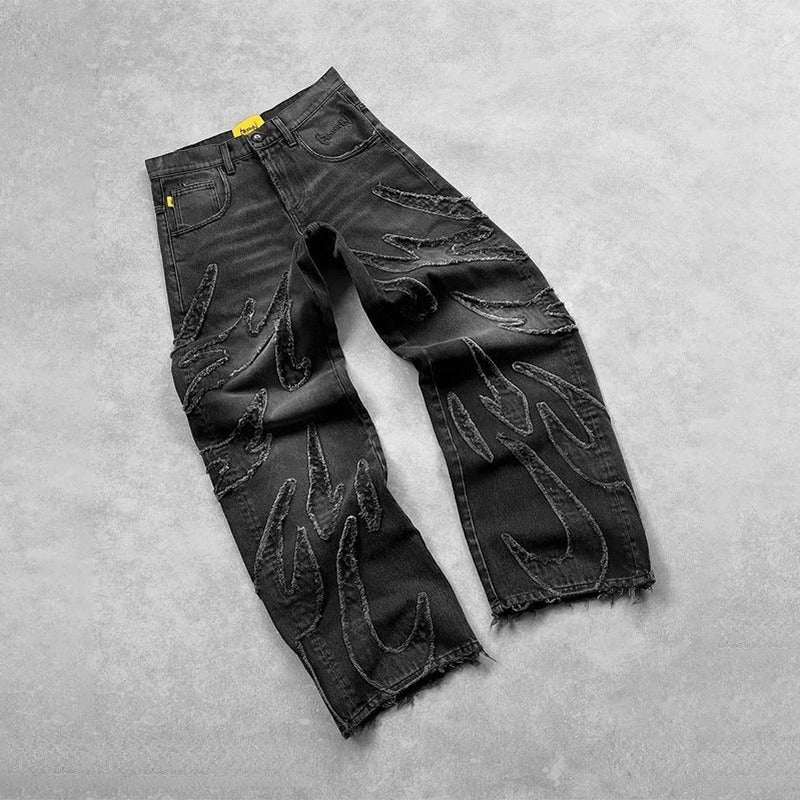 Men’s Embroidered Jeans – Retro Bat Pattern Lazy Loose Denim Pants