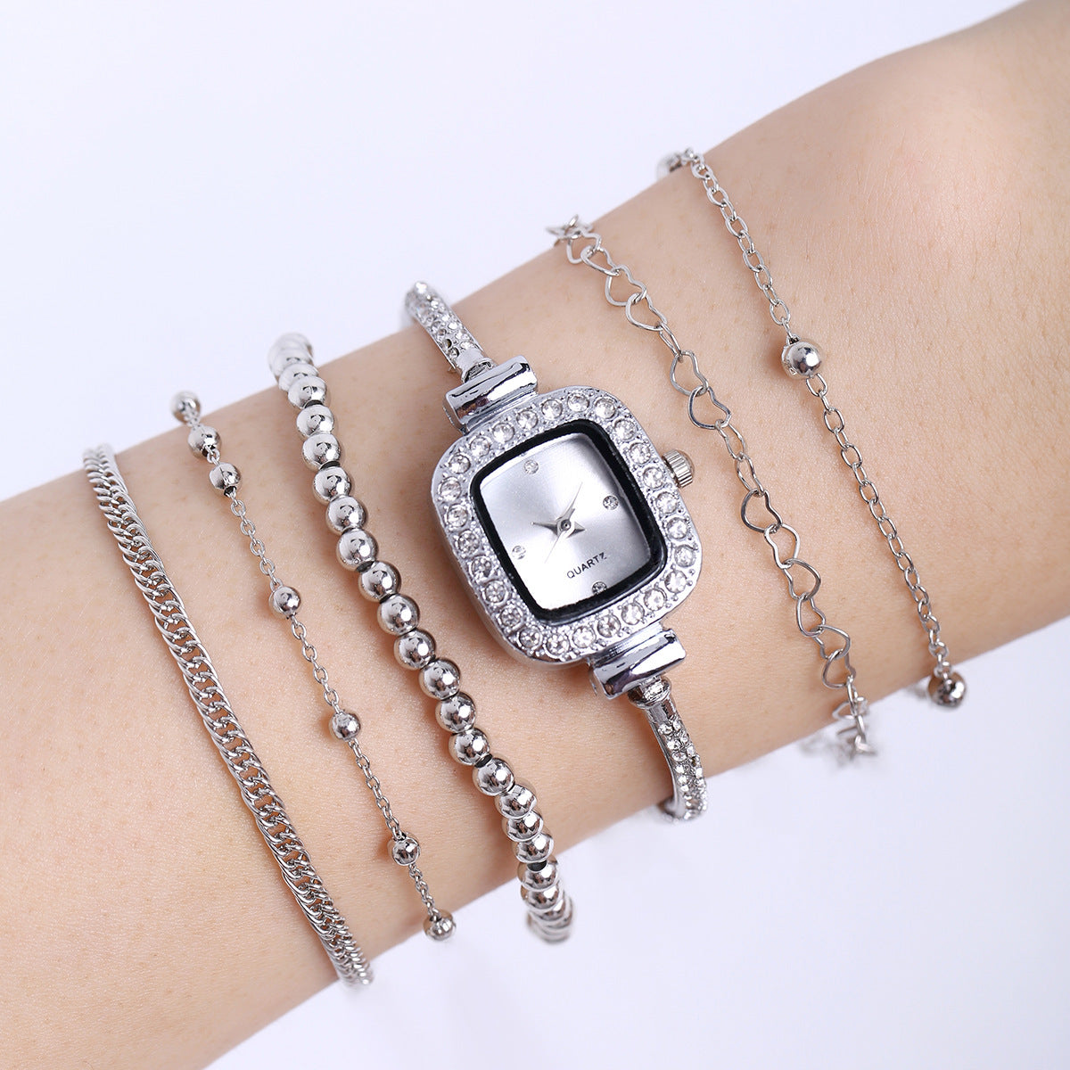 Decorative Alloy All-match Square Rhinestone-encrusted Chain Women's Quartz Bracelet Watch Small Beads Jewelry Suit