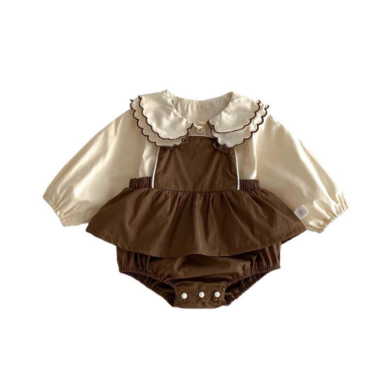 Girls' Long-sleeved Suspender Romper Doll Collar Shirt Jumpsuit Suit