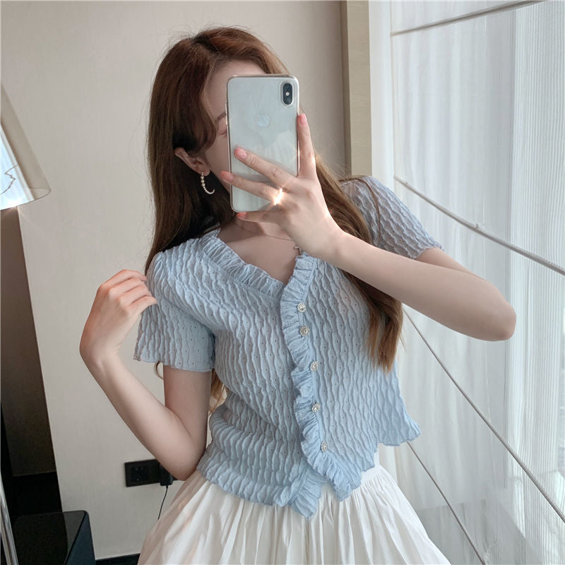 Casual All-match Blue Short-sleeved T-shirt For Women