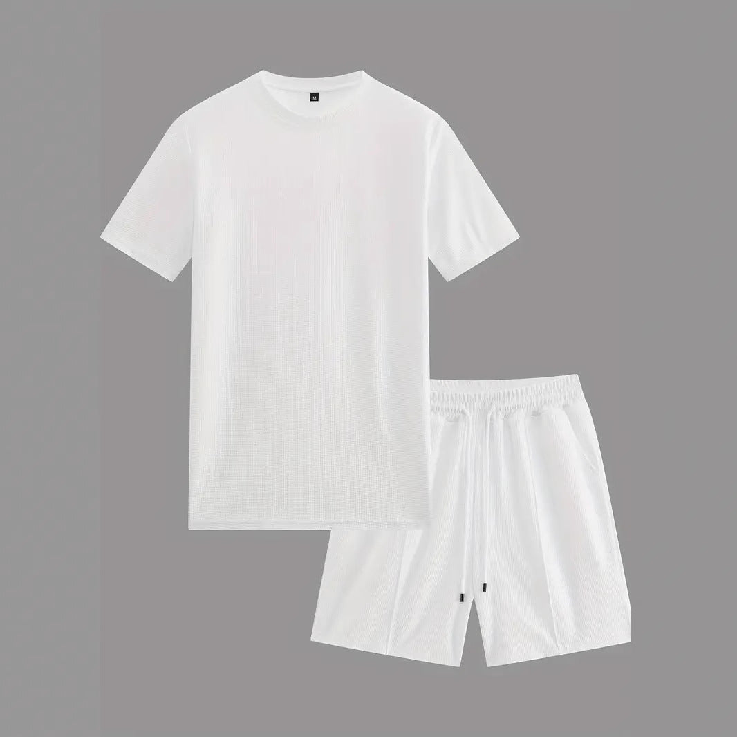 Waffle Texture Short Sleeve Blouse And Pants Men's Summer