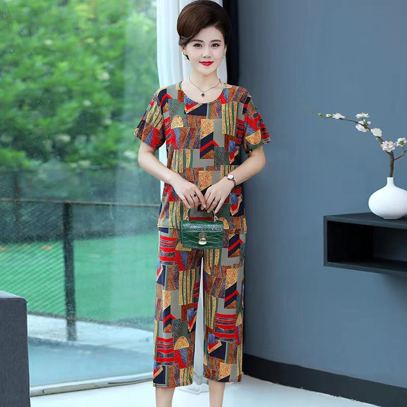 New Plus Size Loose Elastic Short Sleeve Two-piece Suit Middle-aged And Elderly Casual Homewear
