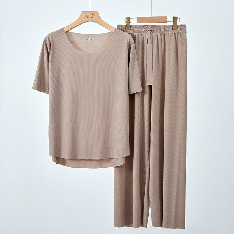 Summer Ice Silk Pajamas Two-piece Short Sleeve Suit