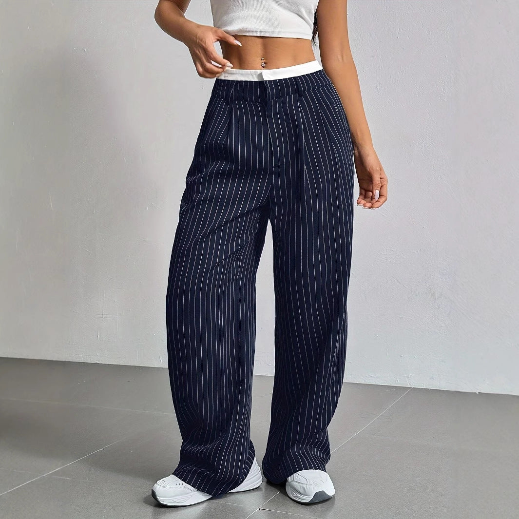 Women’s Striped Suit Pants – High-Waist Straight-Leg Trousers with Pockets & Zipper