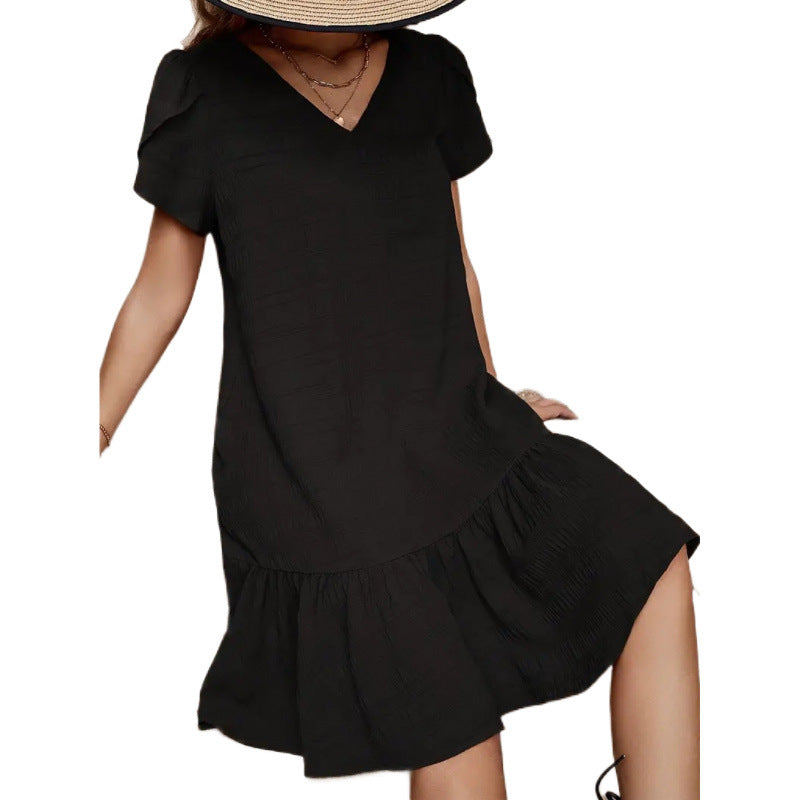 V-neck Solid Color Loose Casual Short Sleeve Dress