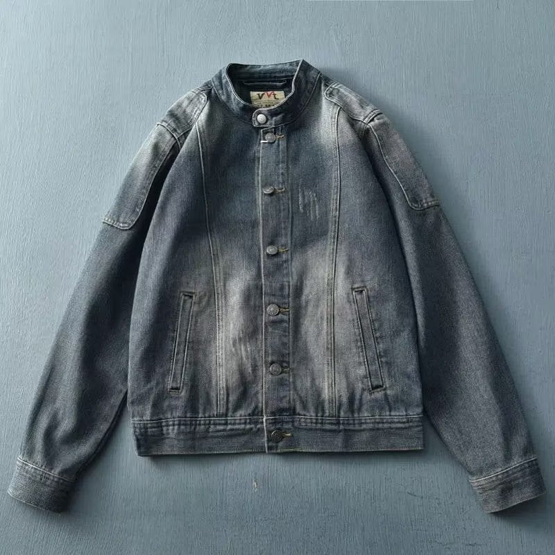Men’s Retro Cowboy Stitching Jacket – Stand Collar Overall-Inspired Coat