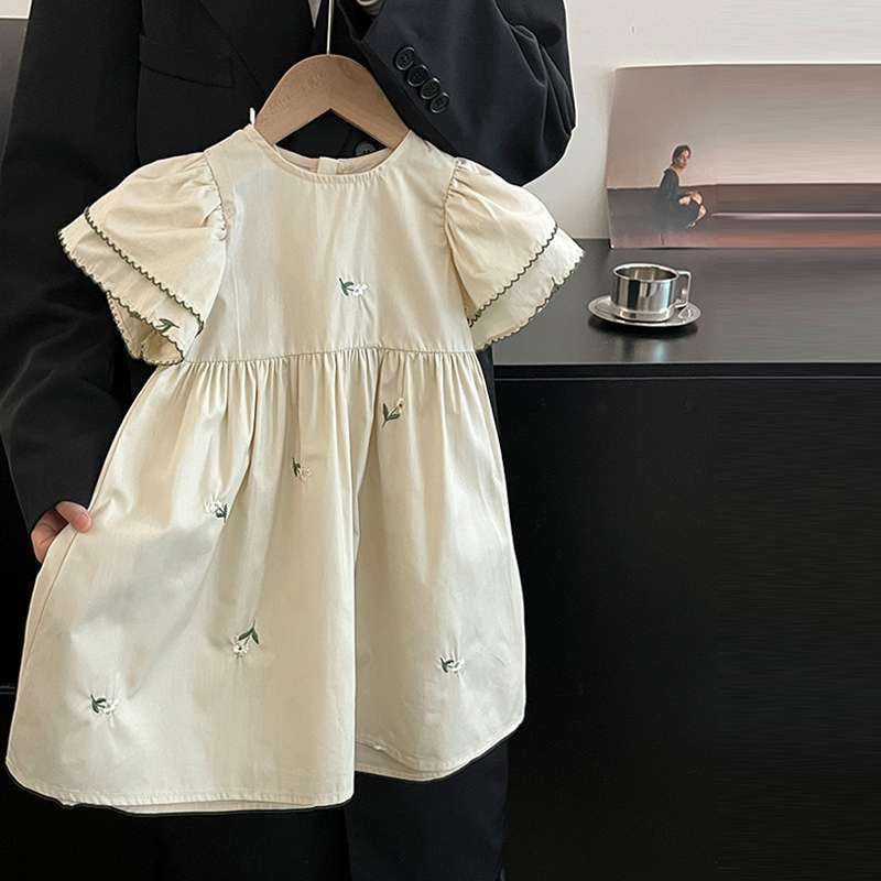 Girls Cotton Short Sleeve Floral Embroidered Princess Dress