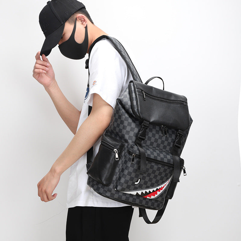 Unisex Checkered PU Leather Casual Backpack Large Capacity
