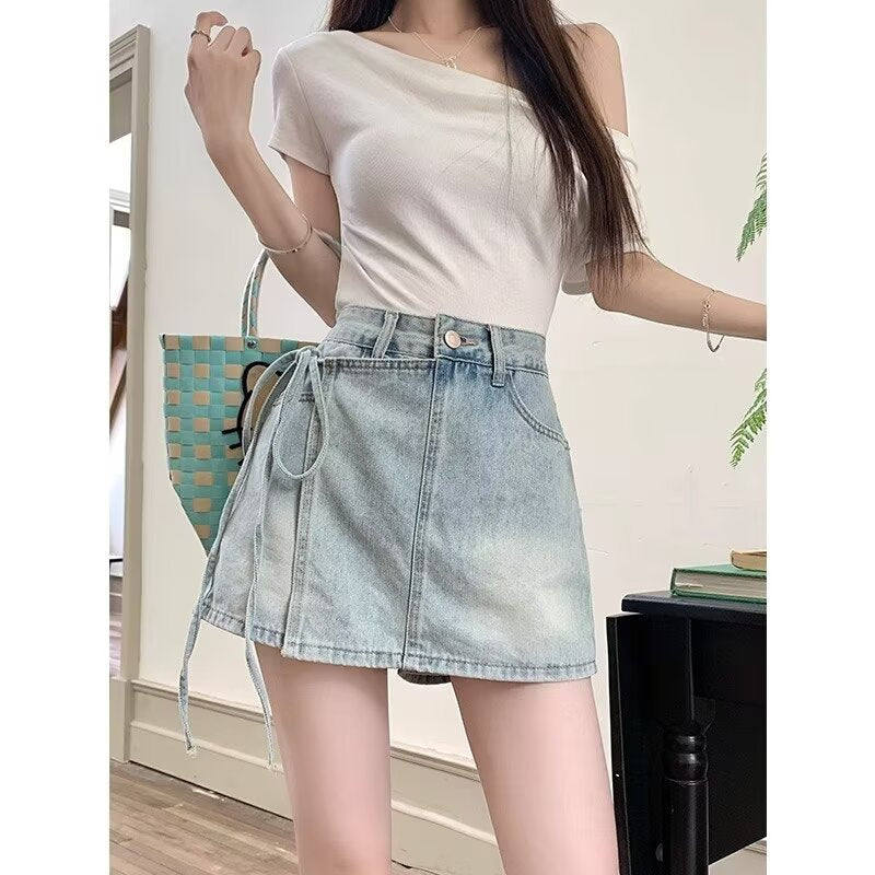 Fake Two-Piece Denim Shorts – Summer A-Line High Waist Irregular Style