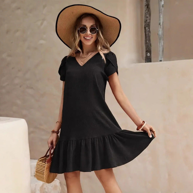 V-neck Solid Color Loose Casual Short Sleeve Dress