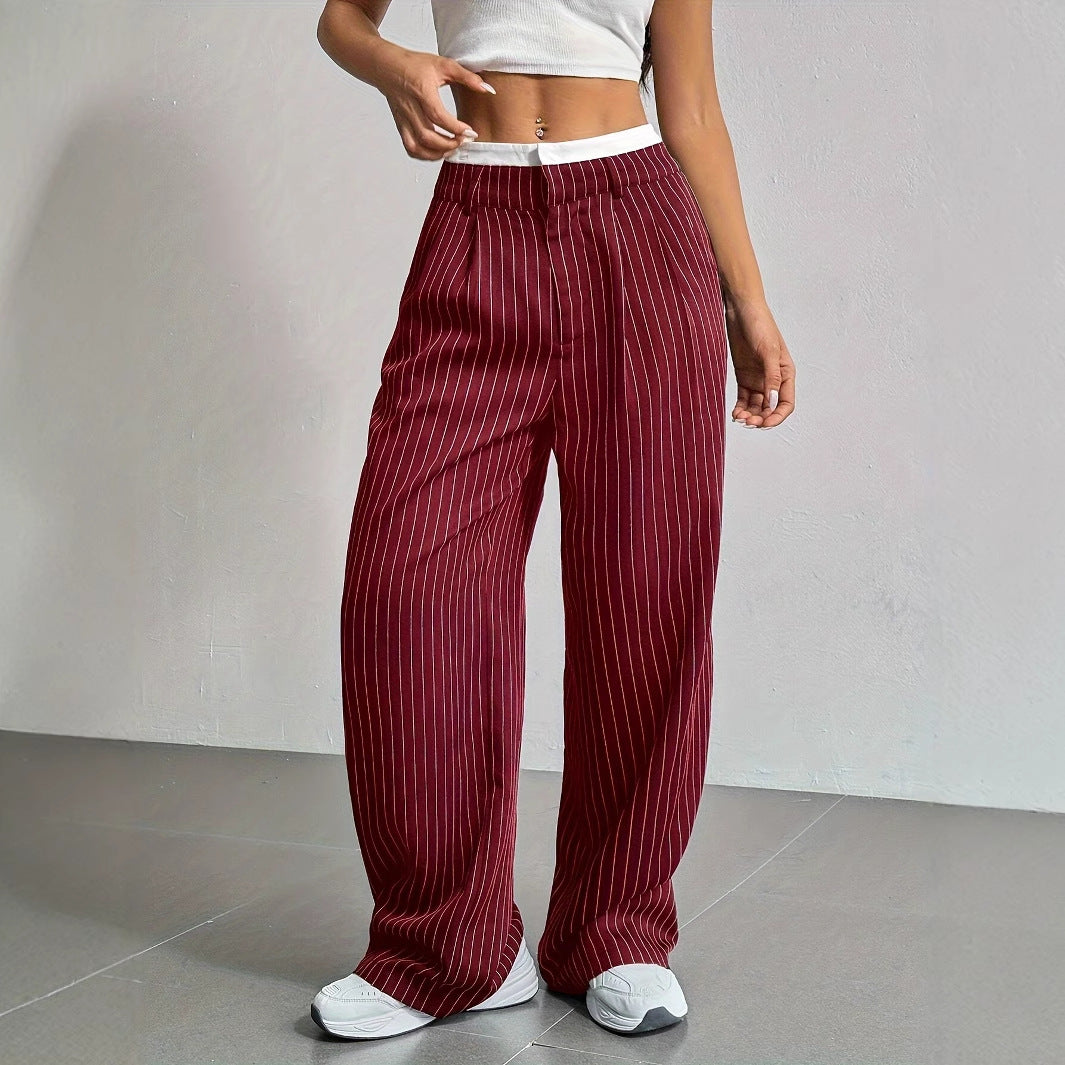 Women’s Striped Suit Pants – High-Waist Straight-Leg Trousers with Pockets & Zipper
