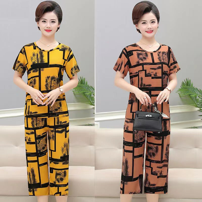 New Plus Size Loose Elastic Short Sleeve Two-piece Suit Middle-aged And Elderly Casual Homewear