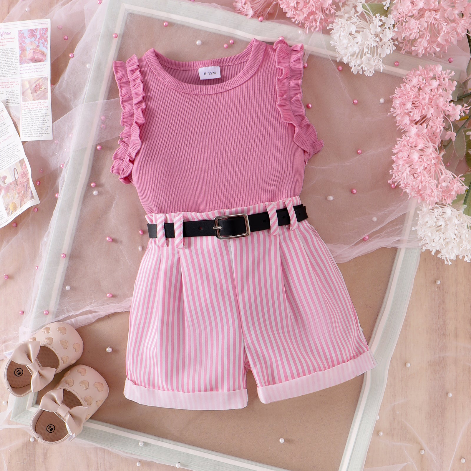 Girls' Pink Sunken Stripe Vest Shorts