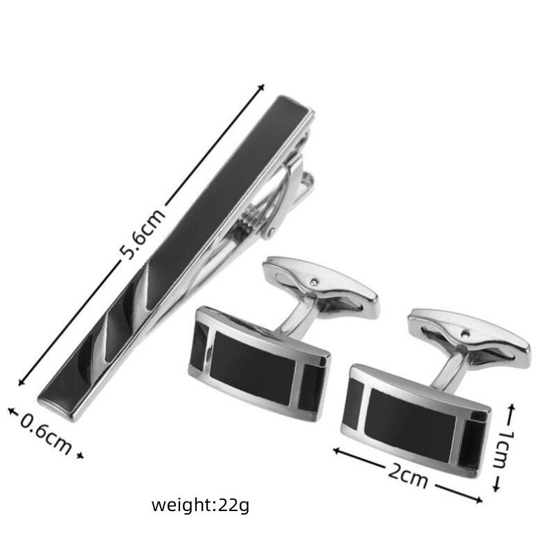 Black Enamel Silver Diagonal Stripes Tie Clip and Cufflink Set