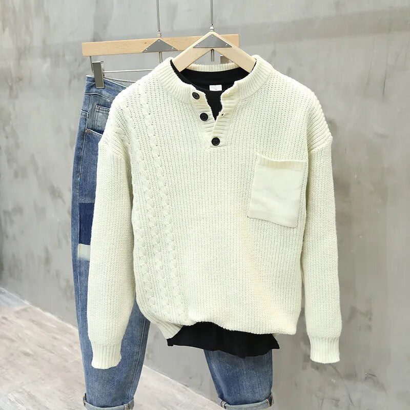 American Style Retro Pullover Men Fashion Brands Loose Pockets All-match Casual Sweater