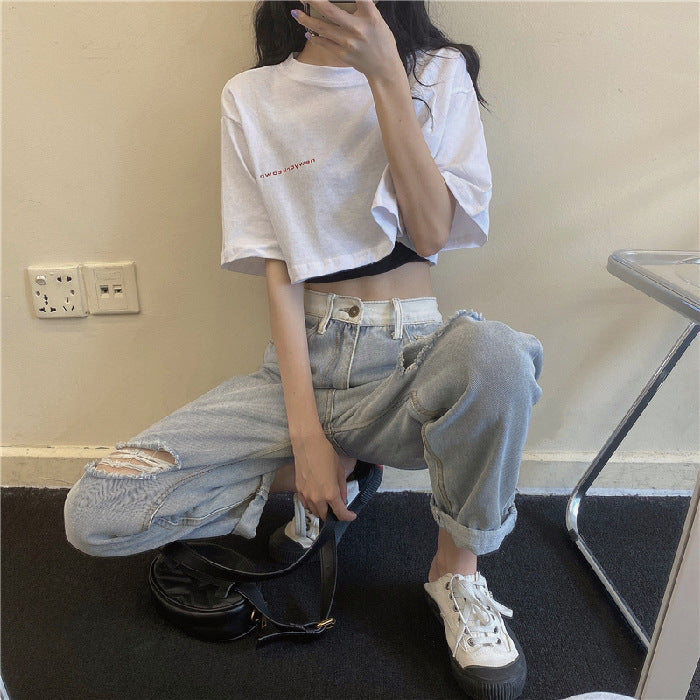 Two-Piece Set Crop-top Short Top Loose High Waist T-shirt Women