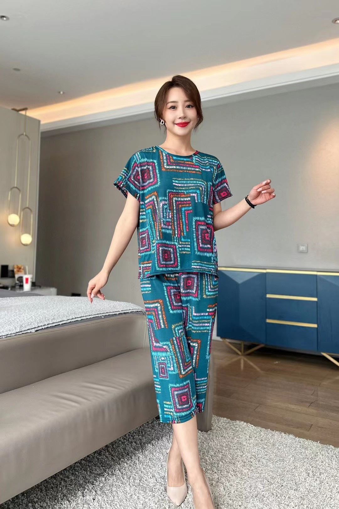 New Plus Size Loose Elastic Short Sleeve Two-piece Suit Middle-aged And Elderly Casual Homewear